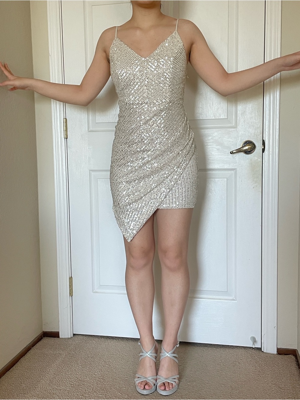 Ivory Sequin Spaghetti Strap Mini Dress